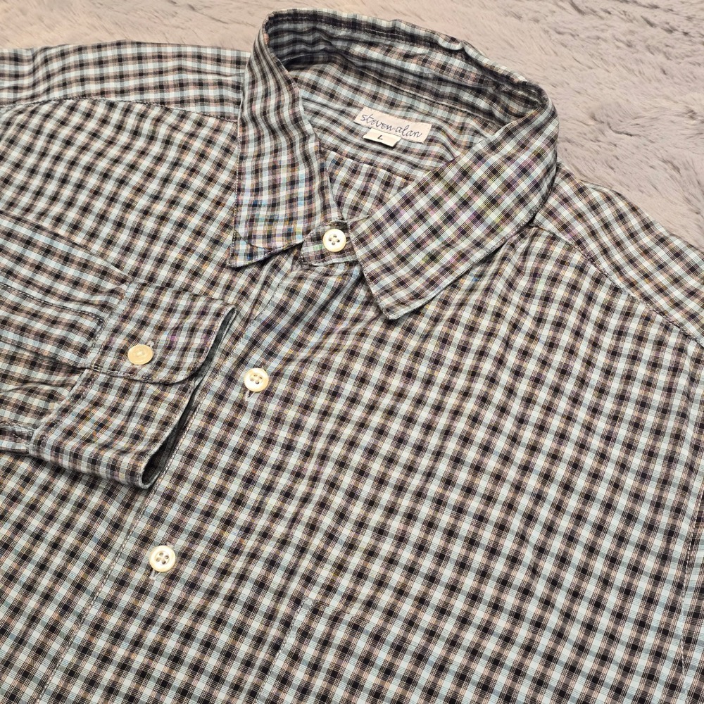 Steven Alan Mens Large Blue Black Check Button Down Shirt Made in USA Long Slv